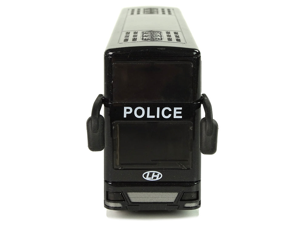 Juodas dviaukštis policijos autobusas su garsu