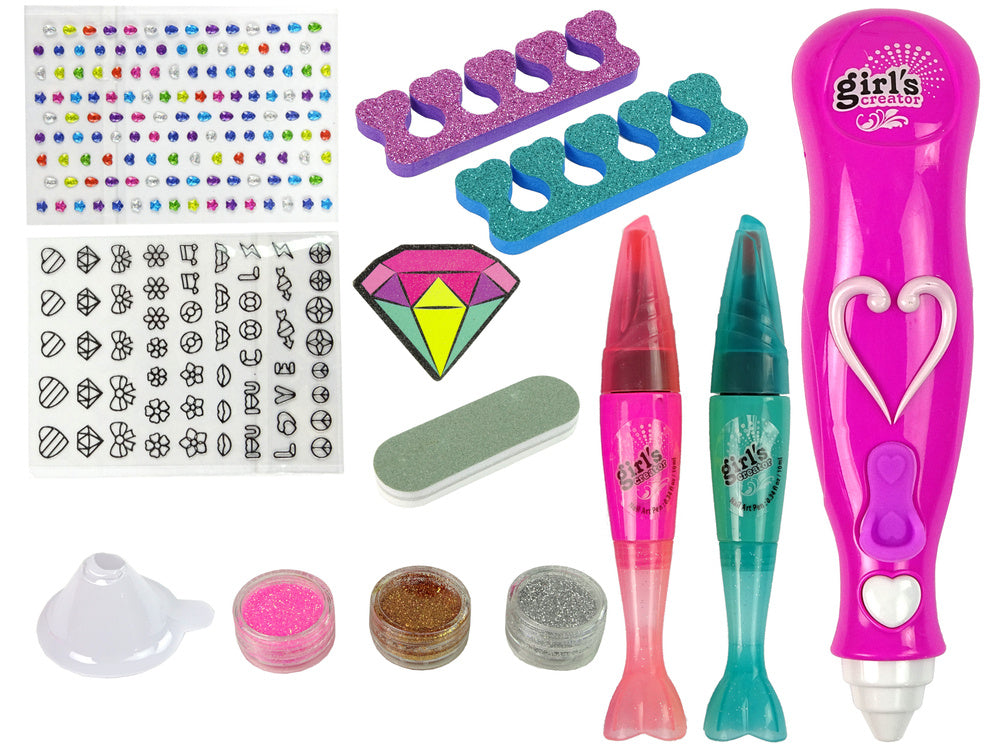 Manikiūro rinkinys su rašikliais ir blizgučių dozatoriumi