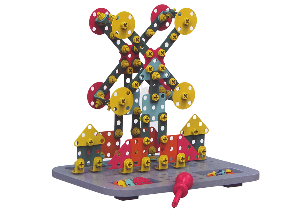 Statybinių blokų rinkinys įrankių dėžutėje su akumuliatoriniu suktuvu