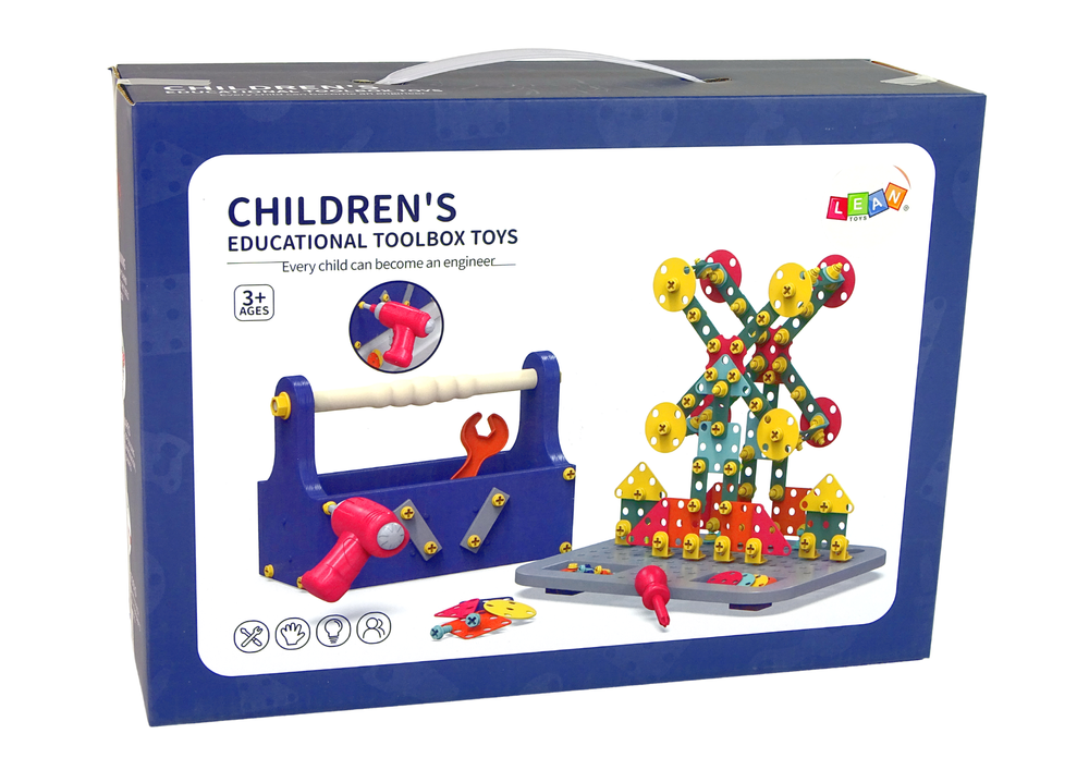 Statybinių blokų rinkinys įrankių dėžutėje su akumuliatoriniu suktuvu