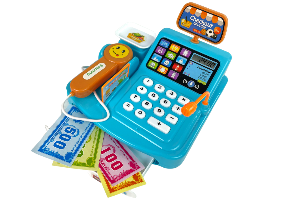 Vaikiškas kasos aparatas su priedais, mėlynas