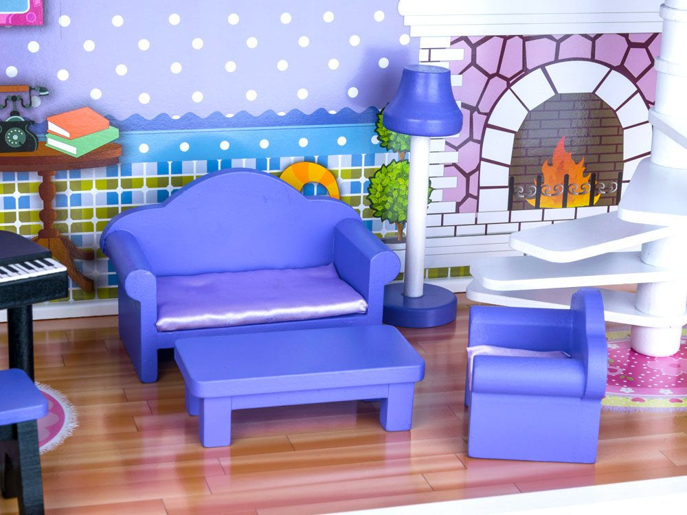 Didelis medinis lėlių namelis su baldai ir LED apšvietimu