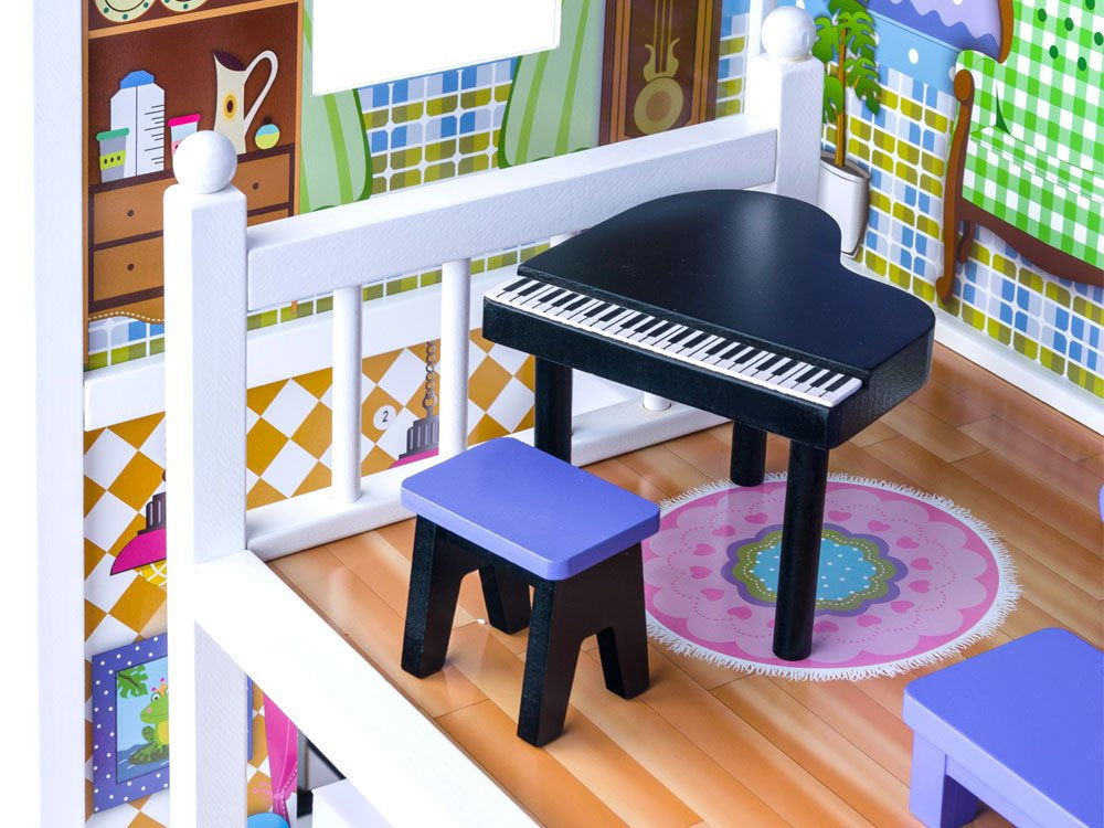 Didelis medinis lėlių namelis su baldai ir LED apšvietimu