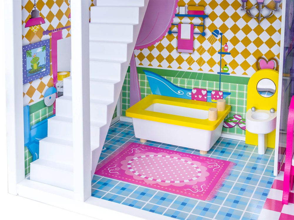 Didelis medinis lėlių namelis su baldai ir LED apšvietimu