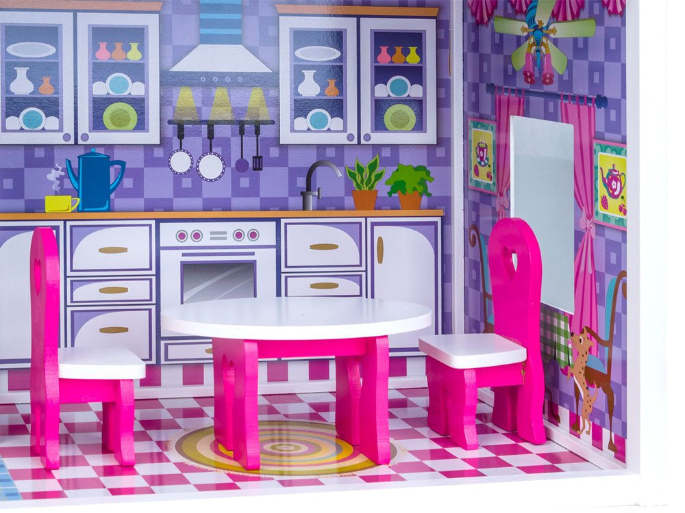 Didelis medinis lėlių namelis su baldai ir LED apšvietimu