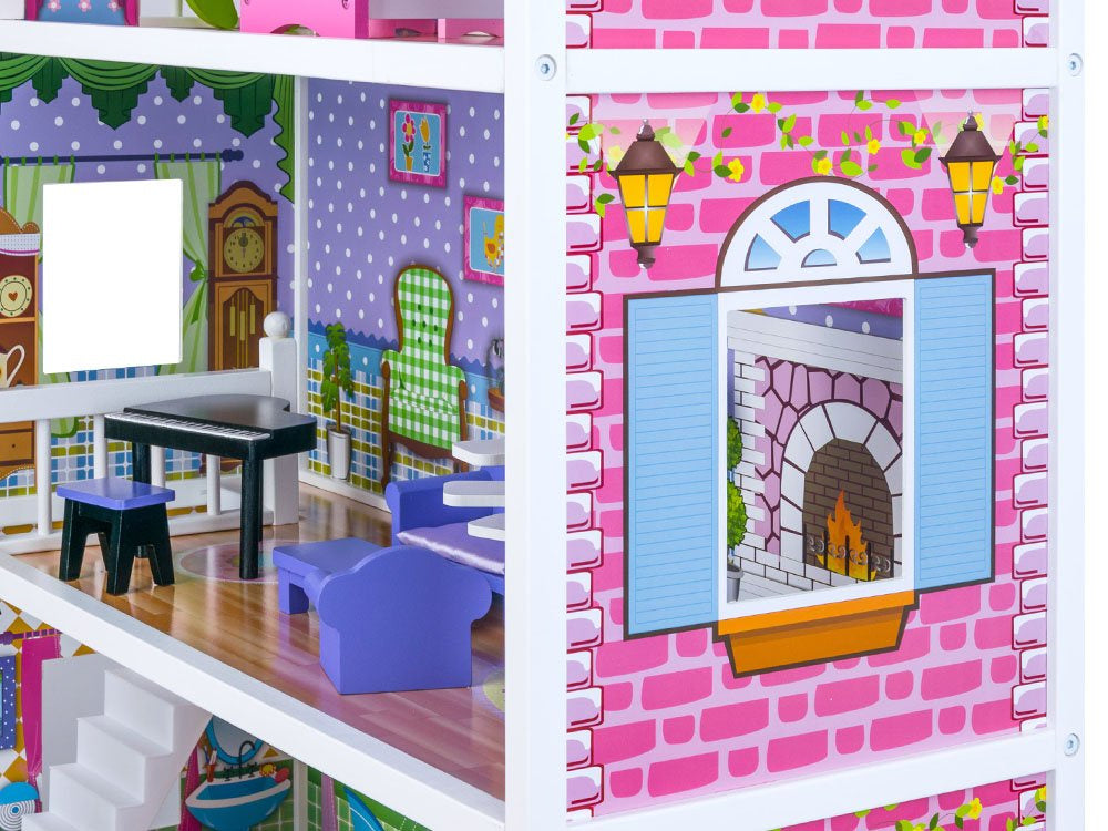 Didelis medinis lėlių namelis su baldai ir LED apšvietimu