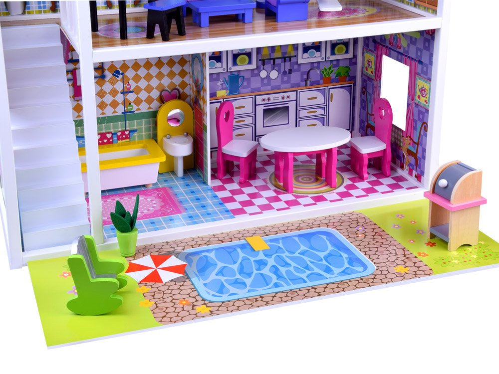 Didelis medinis lėlių namelis su baldai ir LED apšvietimu