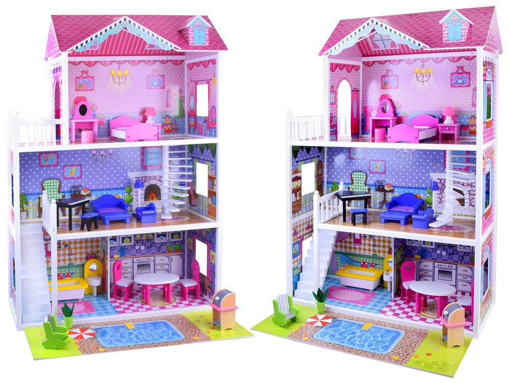 Didelis medinis lėlių namelis su baldai ir LED apšvietimu