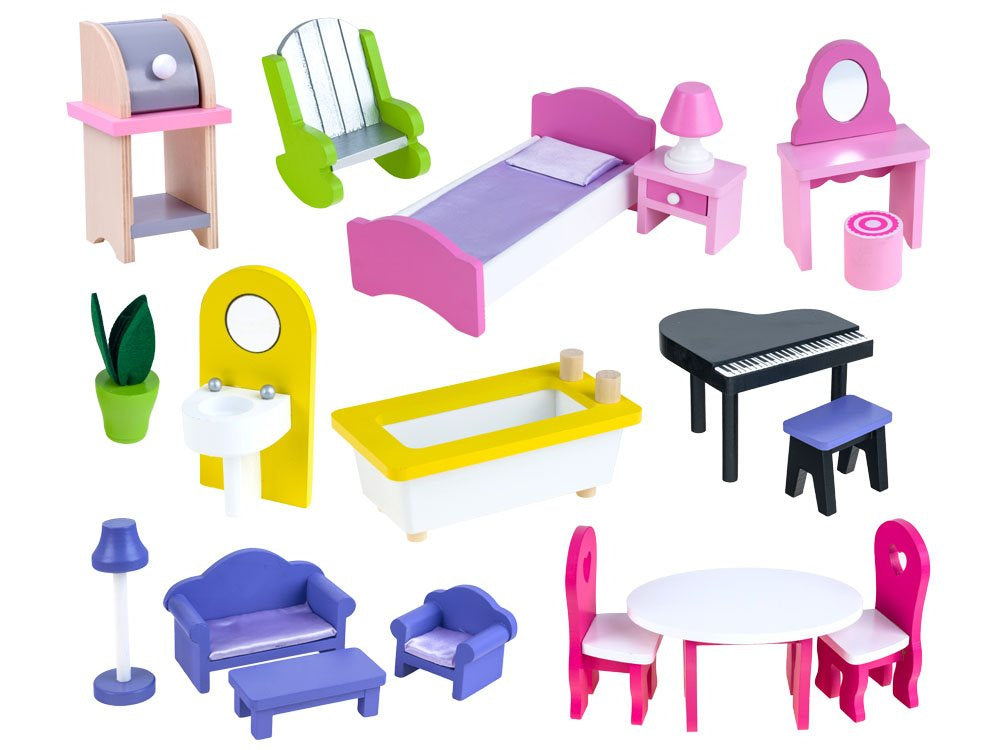 Didelis medinis lėlių namelis su baldai ir LED apšvietimu