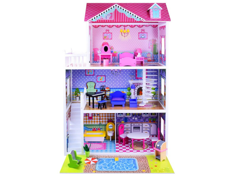 Didelis medinis lėlių namelis su baldai ir LED apšvietimu