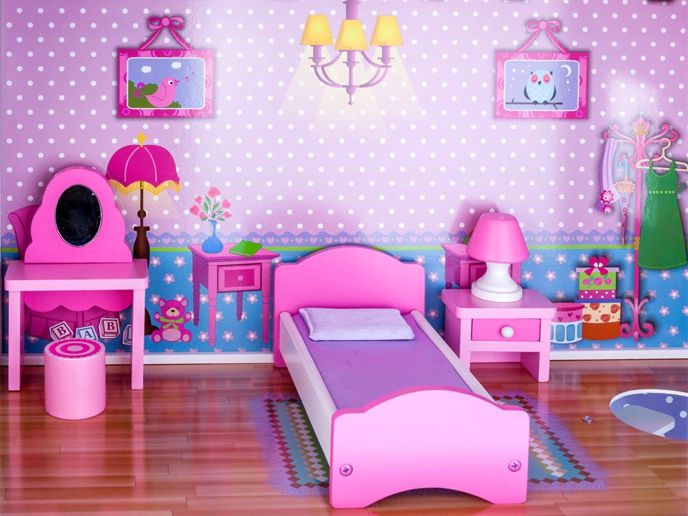 Didelis medinis lėlių namelis su baldai ir LED apšvietimu