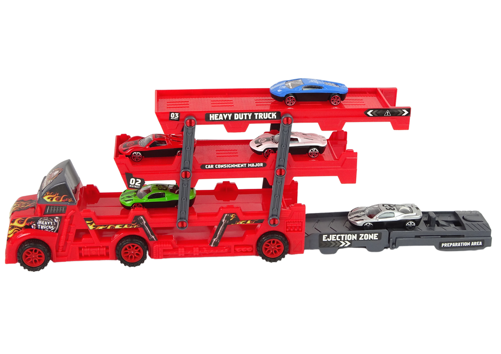 Sunkvežimis su 3 aukštų priekaba, raudonas