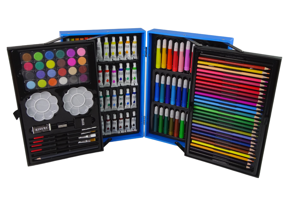 Vaikų piešimo rinkinys su vienaragiu – 145 vnt. mėlyname lagaminėlyje