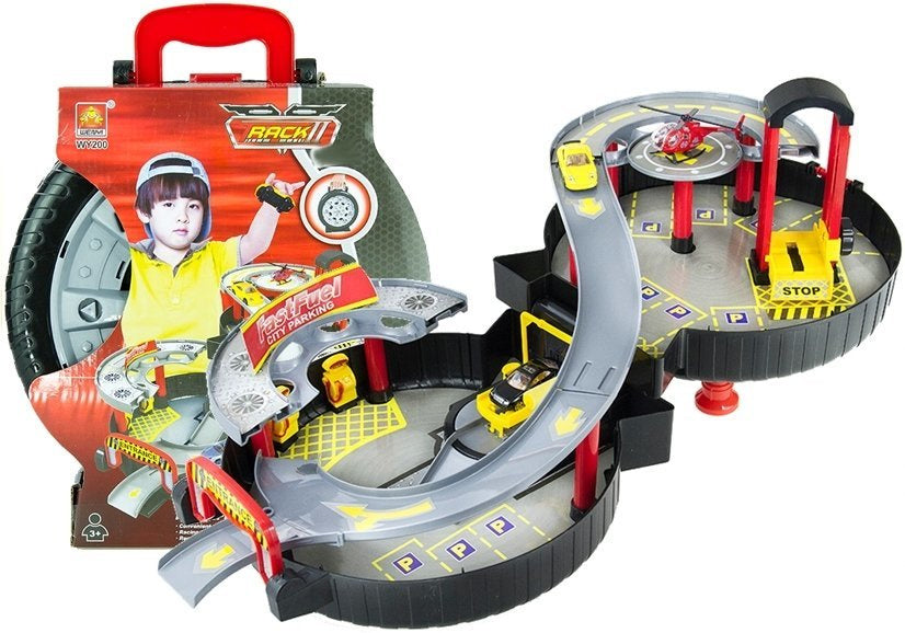 Dviejų lygių žaislinė automobilių stovėjimo aikštelė