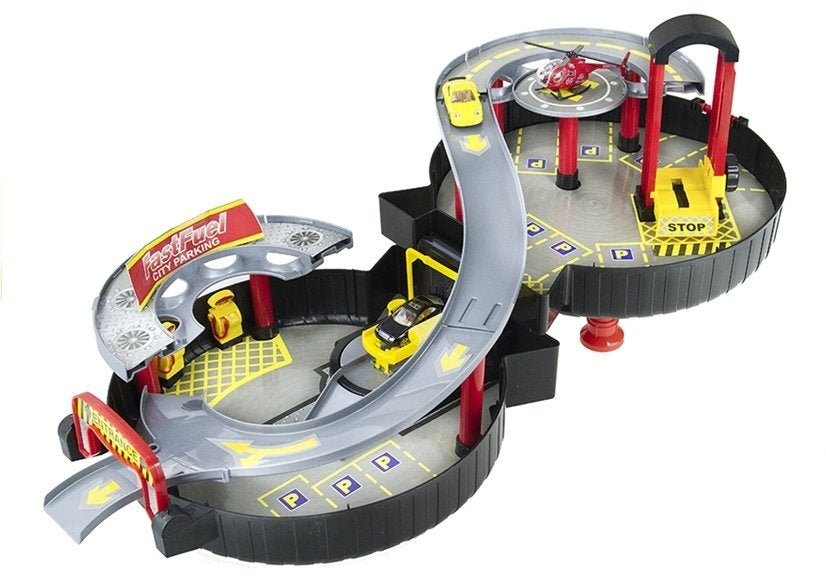 Dviejų lygių žaislinė automobilių stovėjimo aikštelė