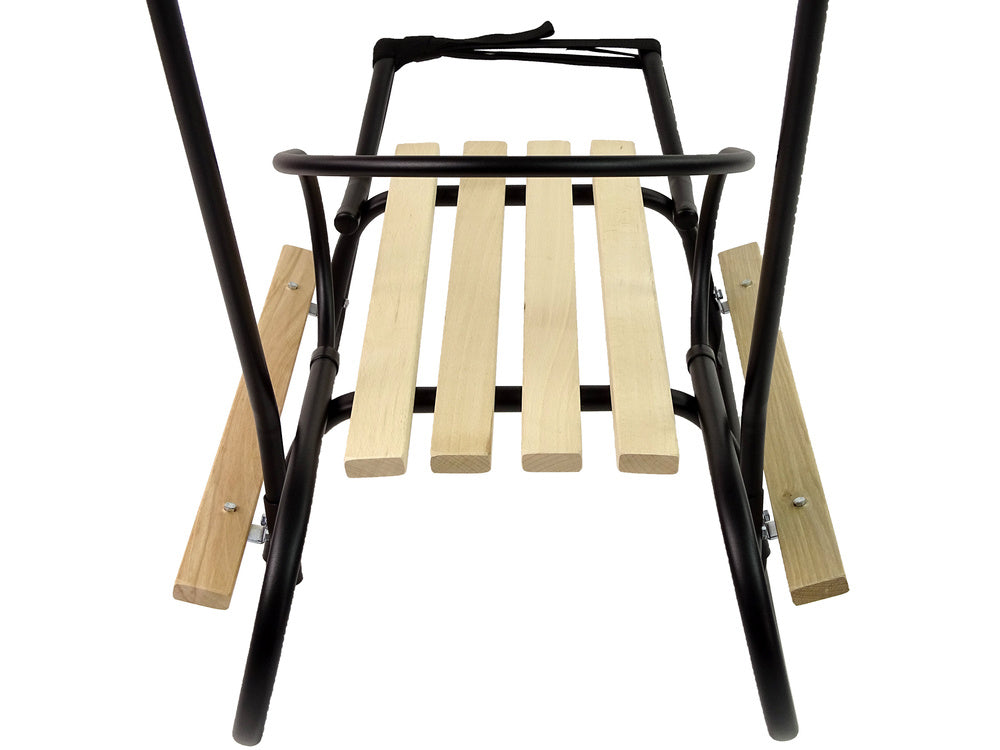 Metalinio rėmo rogės su atlošu ir stūmimo rankena, juodos