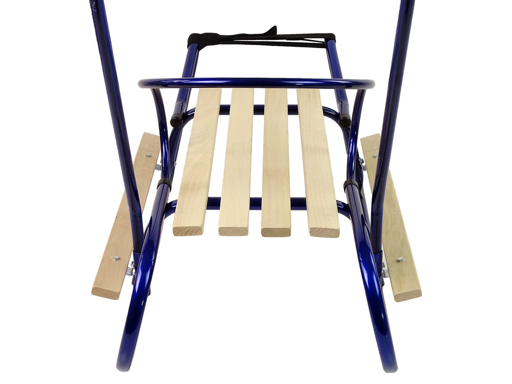 Metalinio rėmo rogės su atlošu ir stūmimo rankena, mėlynos