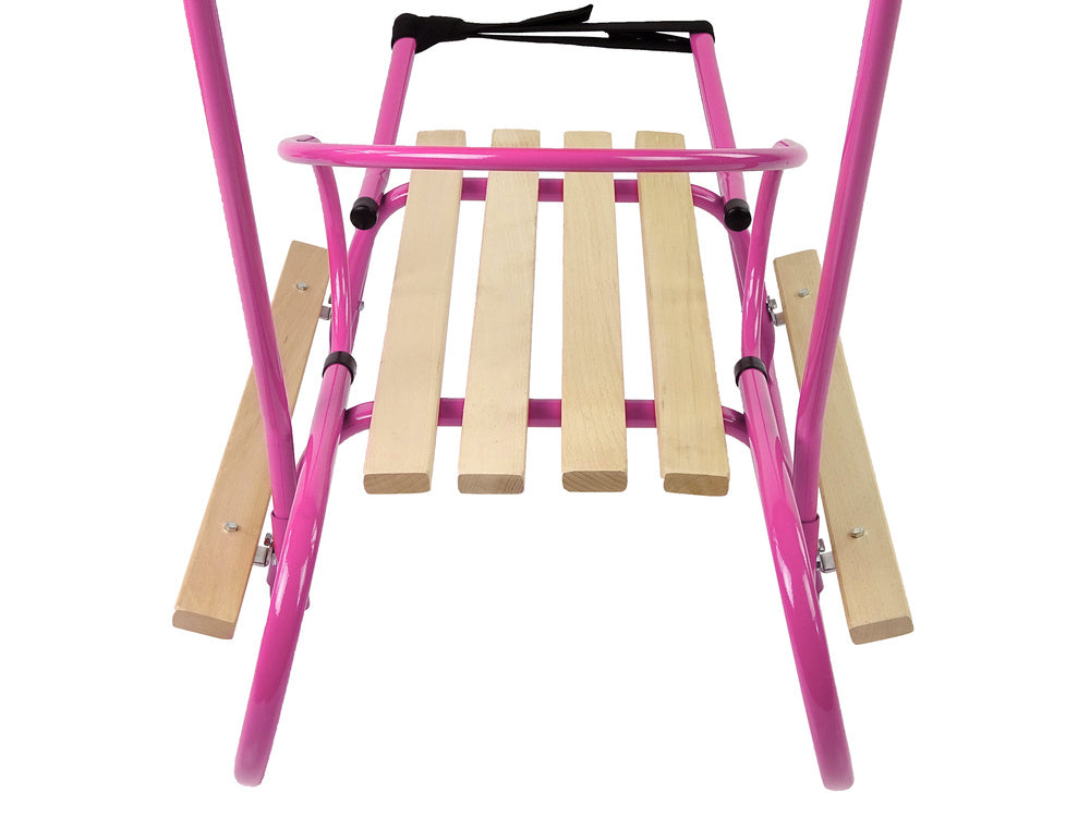 Metalinio rėmo rogės su atlošu ir stūmimo rankena, rožinės