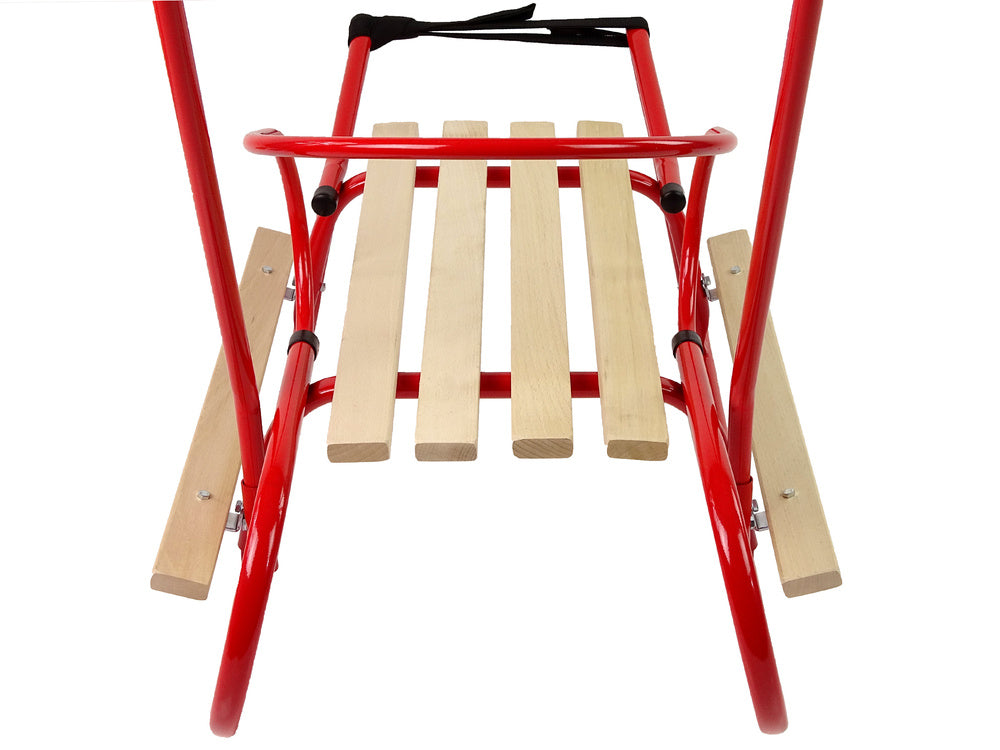 Metalinio rėmo rogės su atlošu ir stūmimo rankena, raudonos