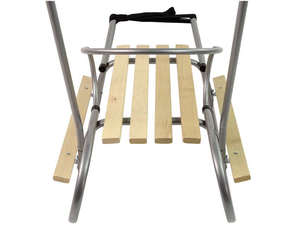 Metalinio rėmo rogės su atlošu ir stūmimo rankena, sidabrinės