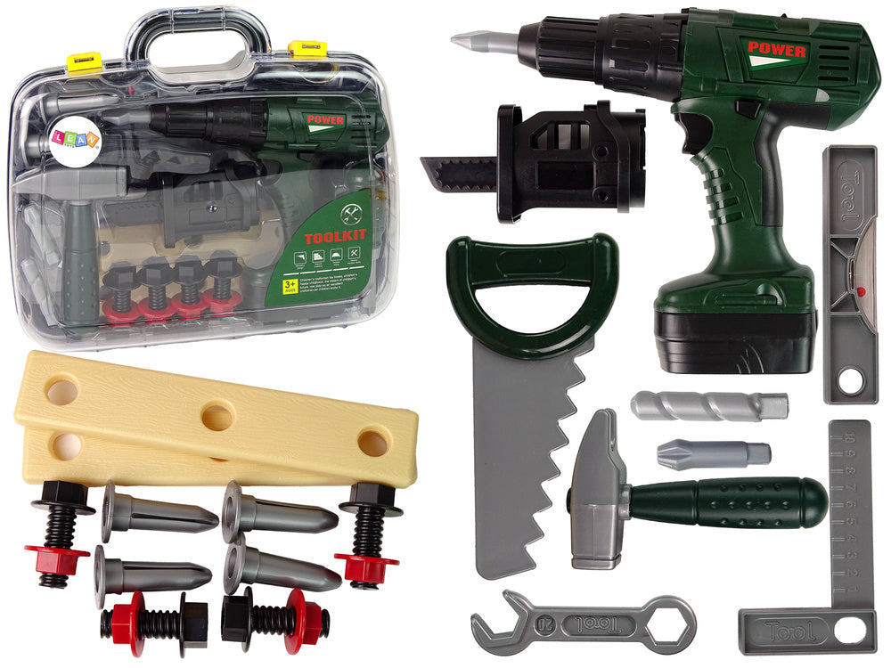 Meistro rinkinys dėkle su atsuktuvu su baterijomis, žalias