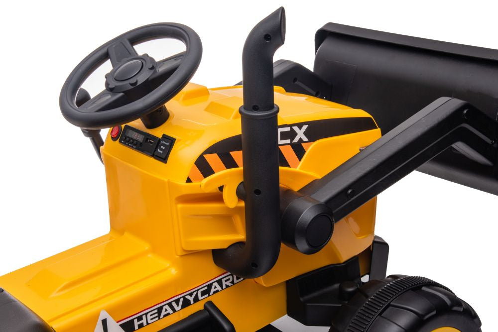 Vienvietis elektrinis traktorius ekskavatorius su priekaba S617, geltonas