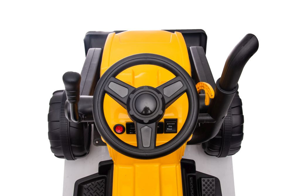 Vienvietis elektrinis traktorius ekskavatorius su priekaba S617, geltonas