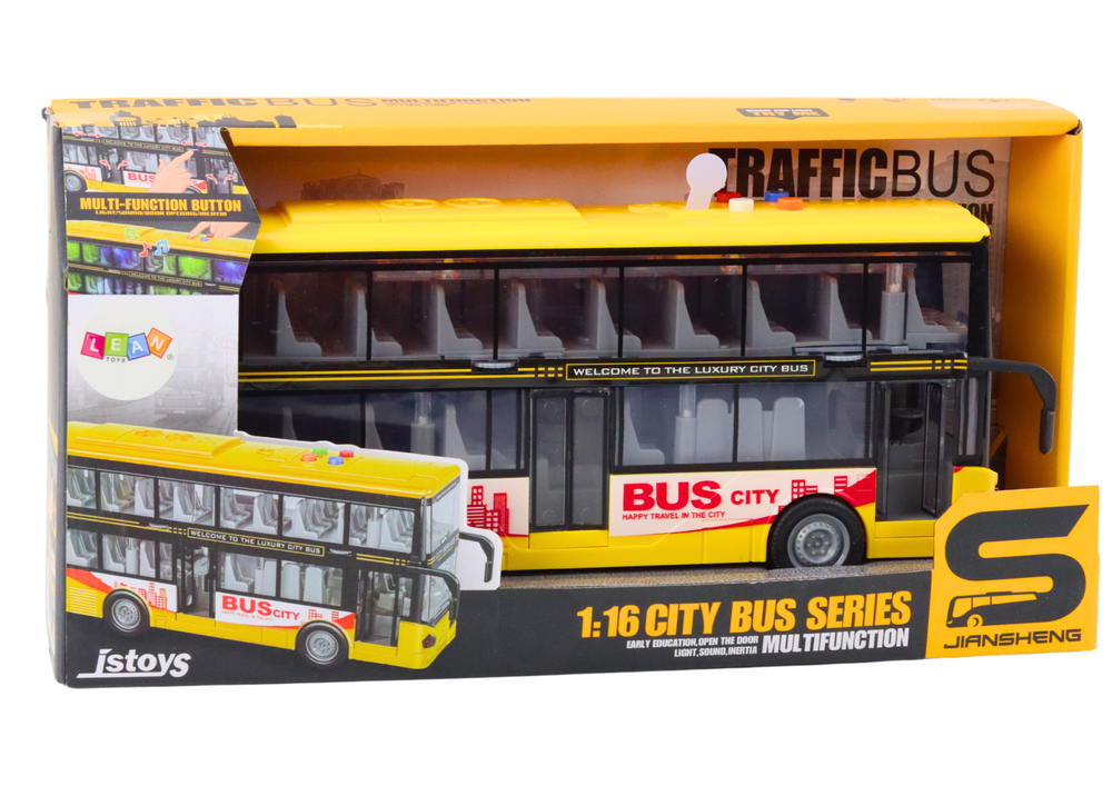 Dviaukštis žaislinis autobusas su garso ir šviesos efektais 1:16, geltonas