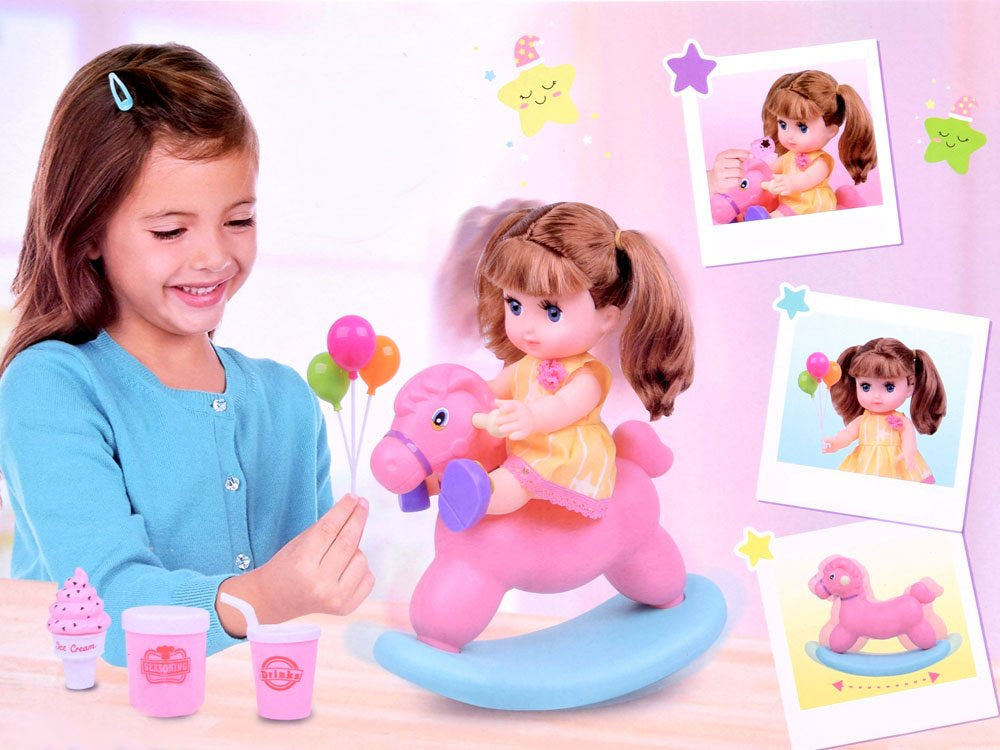 Lėlė su supamuoju arkliu ir aksesuarais