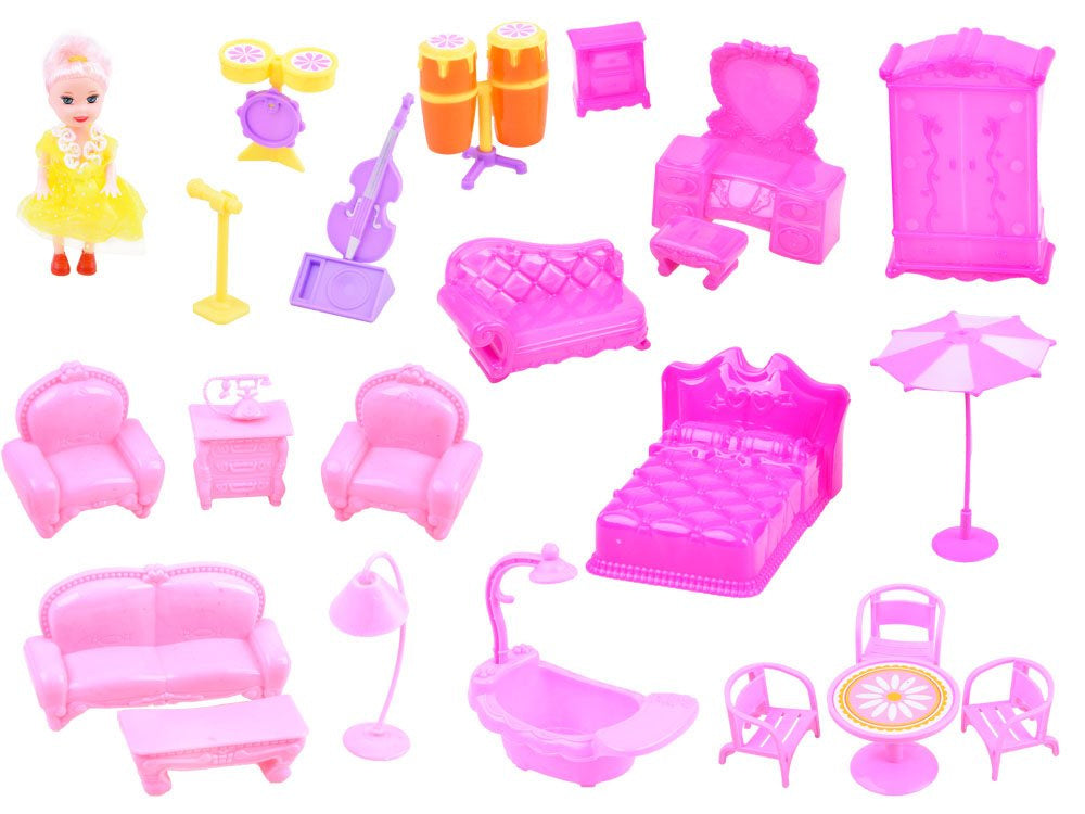 Rožinis lėlių namas su baldais