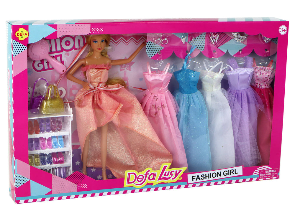 Lėlė su vakarinių suknelių rinkiniu ir priedais