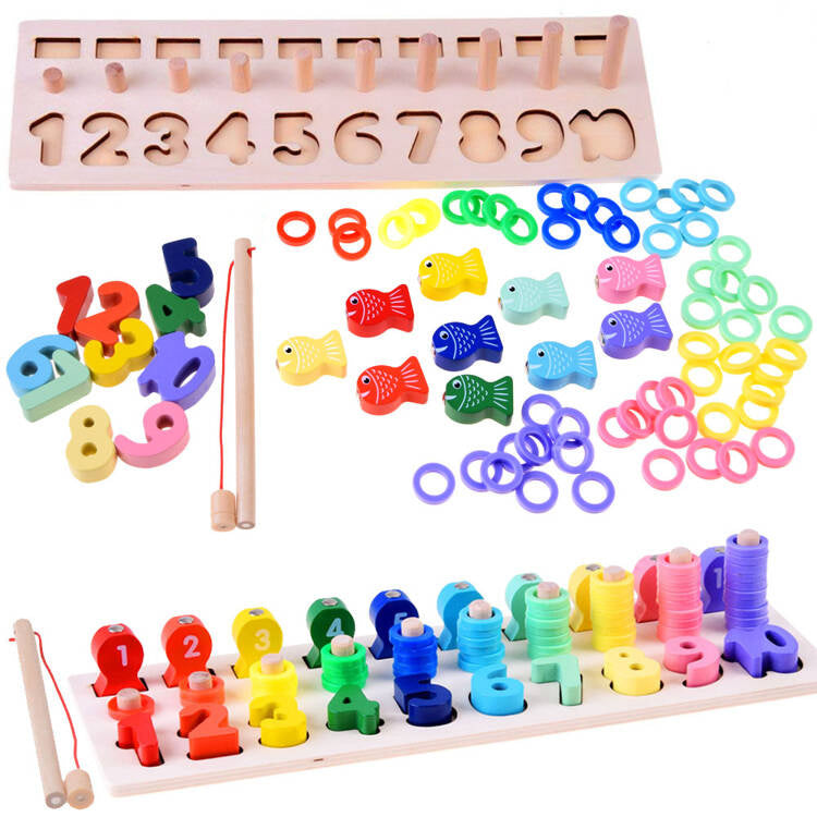 Medinė edukacinė dėlionė skaičiai ir spalvos su meškere