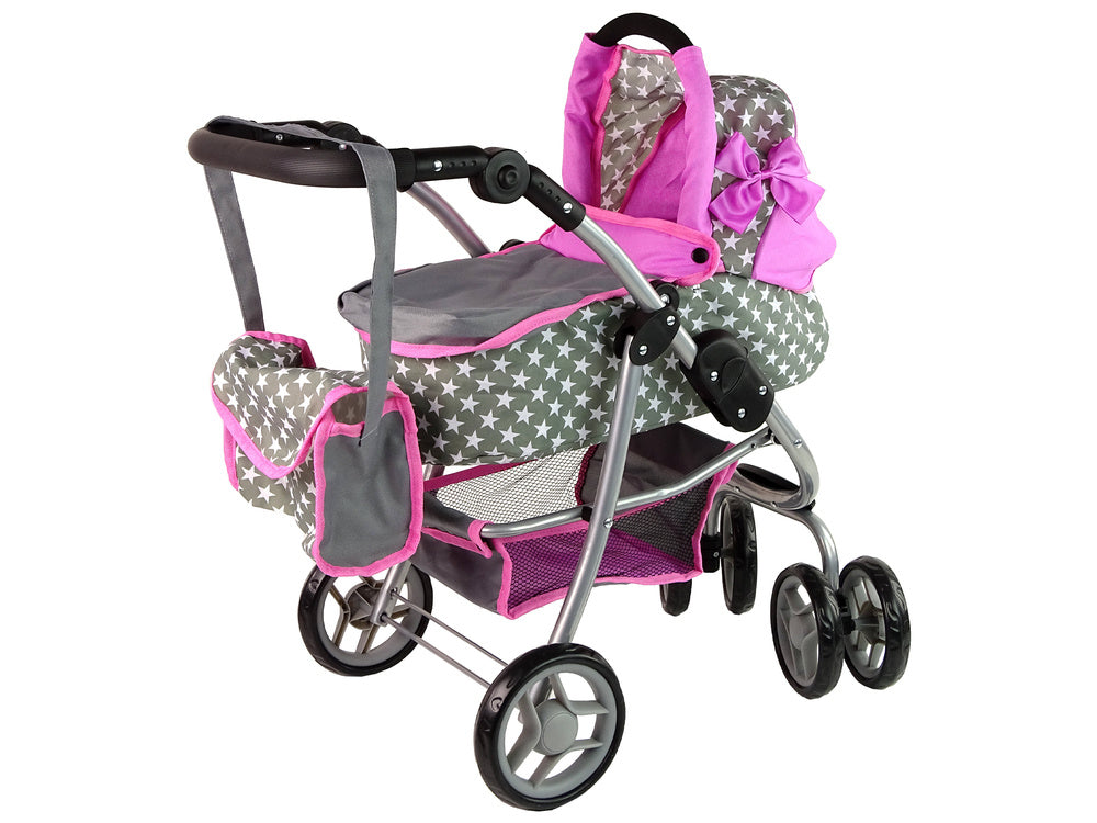 Lėlių vežimėlis su krepšiu ir dėže 2in1, rožinis su žvaigždutėmis