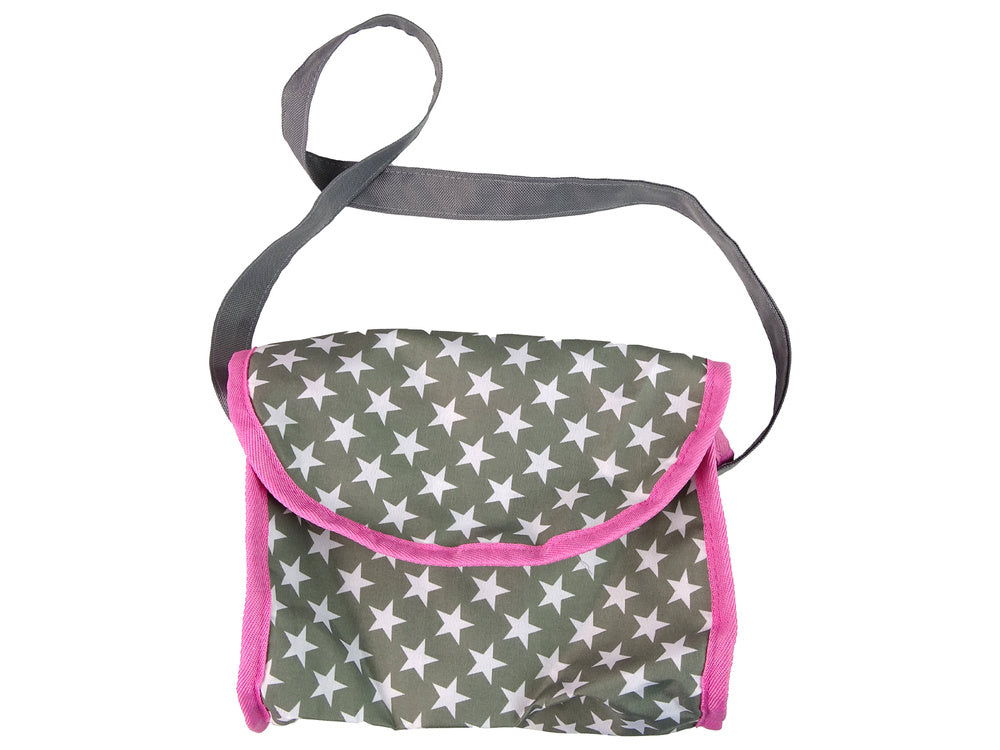 Lėlių vežimėlis su krepšiu ir dėže 2in1, rožinis su žvaigždutėmis