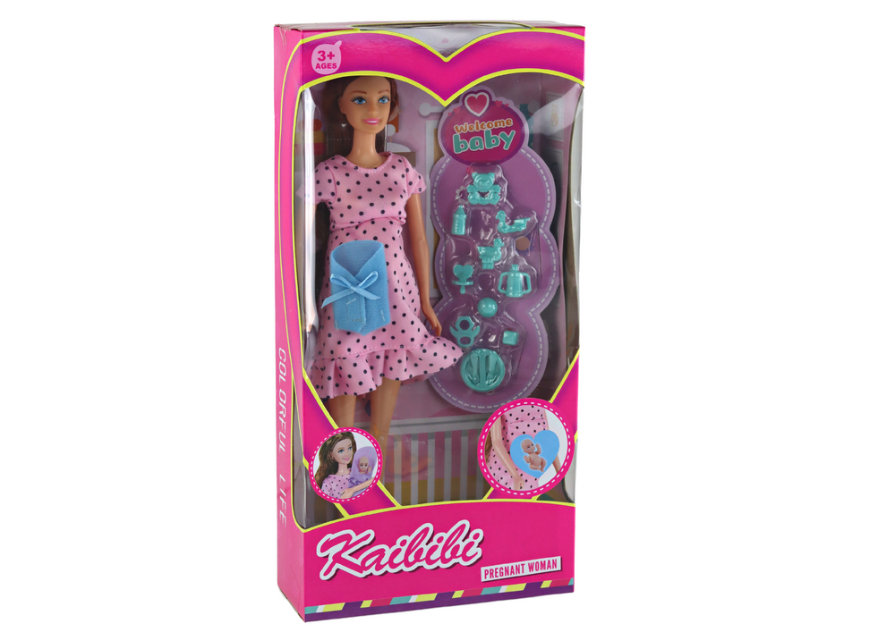 Nėščia lėlė su rožine suknele, kūdikiu ir priedais