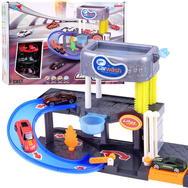 Žaislinė dviejų aukštų automobilių plovykla su automobiliais