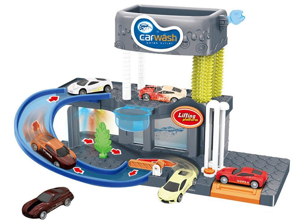 Žaislinė dviejų aukštų automobilių plovykla su automobiliais