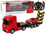 Nuotoliniu būdu valdomas vilkikas Mercedes-Benz su šviesos efektais, raudonas