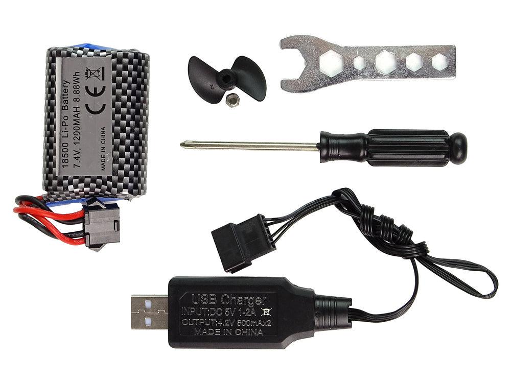 Nuotoliniu būdu valdoma motorinė valtis, raudonas