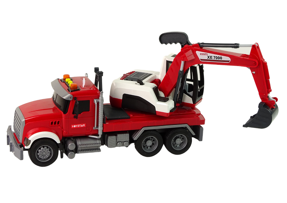 Sunkvežimis su ekskavatoriumi priekaboje, raudonas
