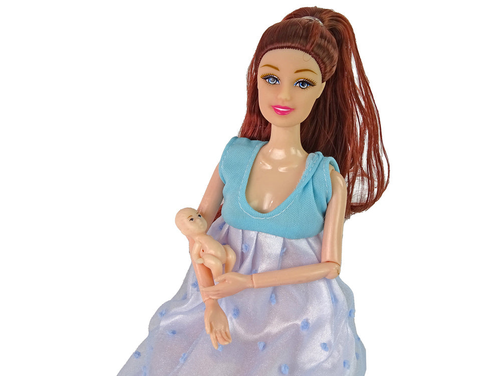 Nėščia lėlė su kūdikiu mėlyna suknele