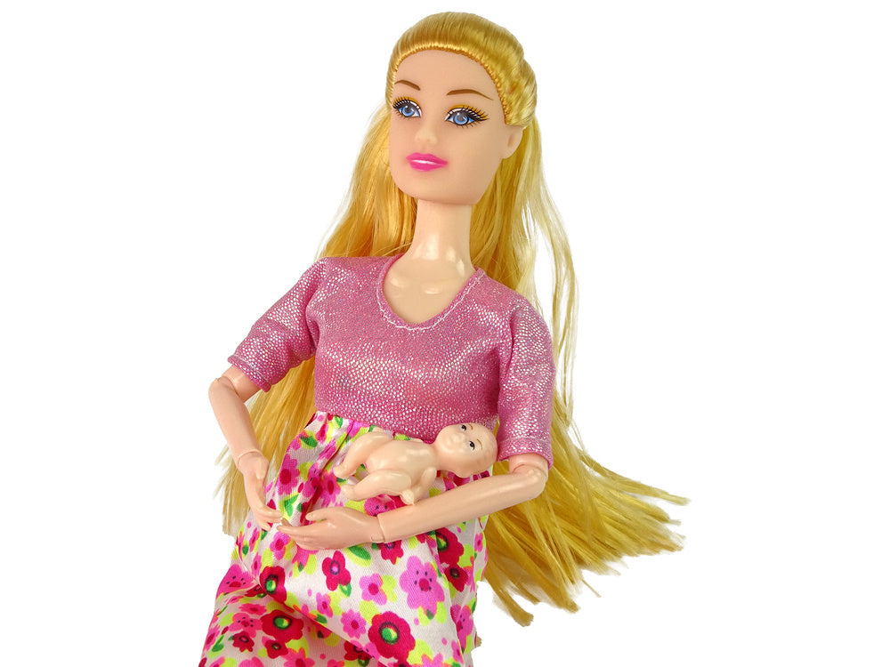 Nėščia lėlė su kūdikiu gėlėta suknele