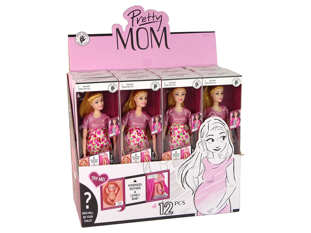 Nėščia lėlė su kūdikiu gėlėta suknele