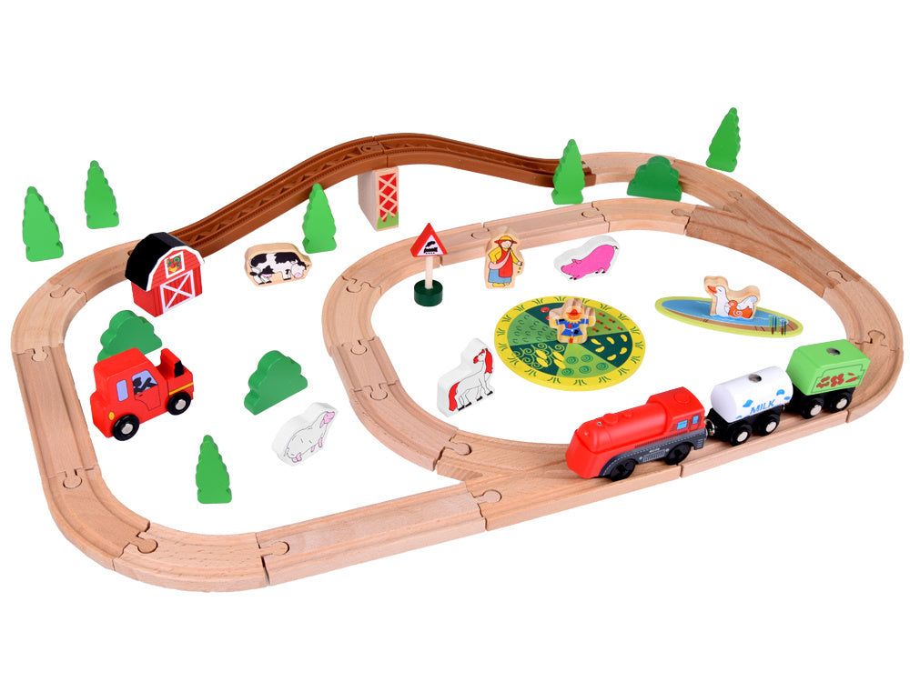 Mediniai bėgiai su elektriniu traukiniu ir priedais 50 el.