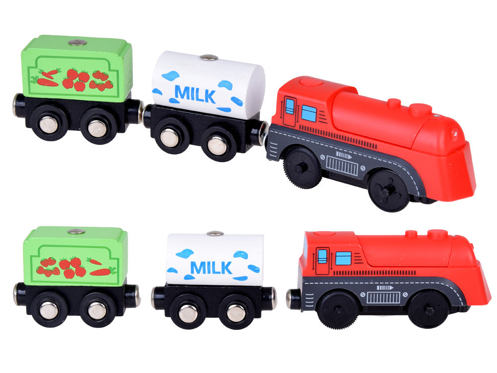 Mediniai bėgiai su elektriniu traukiniu ir priedais 50 el.