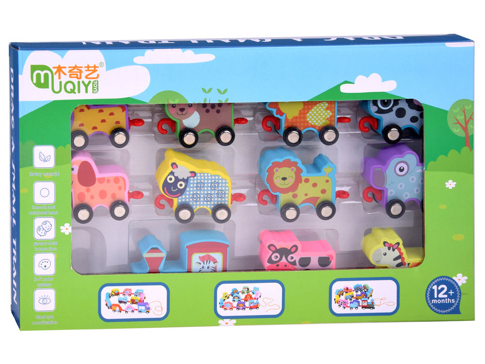 Medinis žaislinis traukinukais su gyvūnais 11 el.