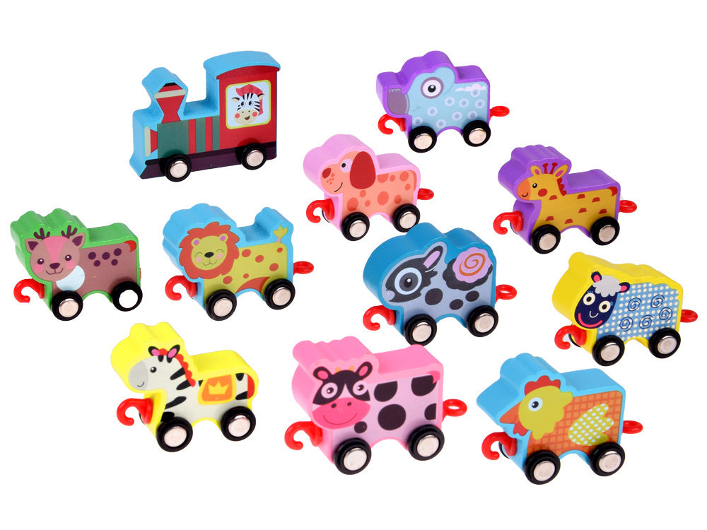 Medinis žaislinis traukinukais su gyvūnais 11 el.