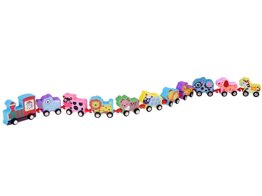 Medinis žaislinis traukinukais su gyvūnais 11 el.