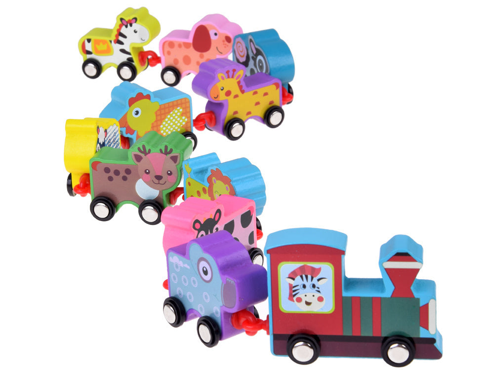 Medinis žaislinis traukinukais su gyvūnais 11 el.