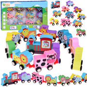 Medinis žaislinis traukinukais su gyvūnais 11 el.